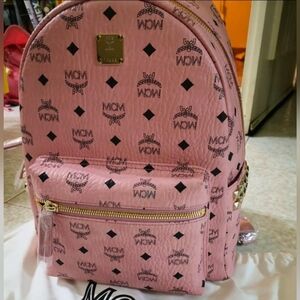 MCM Rare Powder Pink Color, Logo Stark Studded  Backpack with Gold Details New